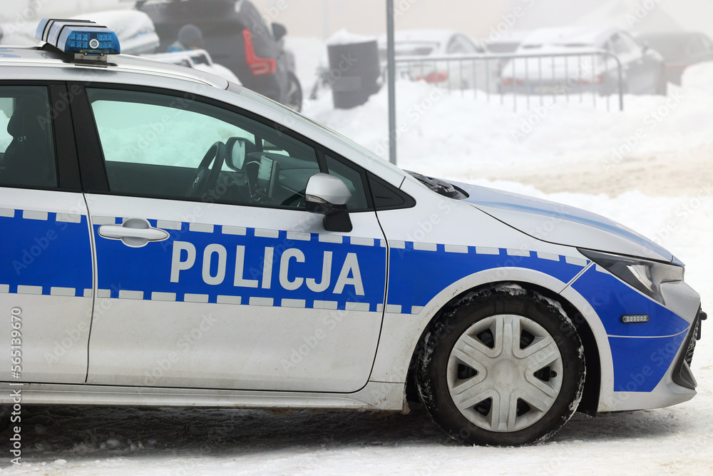 Radiowóz policji polskiej w górach na śniegu i we mgle. Policja zimą.  - obrazy, fototapety, plakaty 