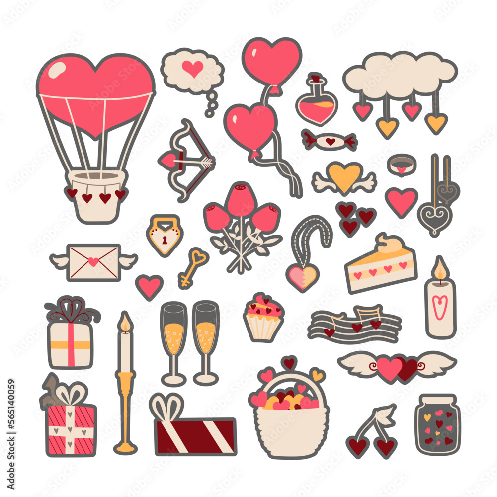 Set of Valentine day vector stickers in doodle style. Hand drawn cute elements: heart, balloon, letter, sweets. Set of Valentine day vector stickers in doodle style. Hand drawn cute elements: heart, balloon, letter, sweets.