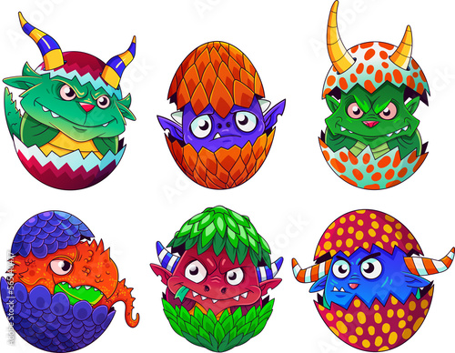 Dragon eggs monsters and goblins useful for stickers games or decoration of funny cards in cartoon style (ID: 565140477)