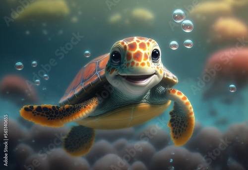 Cute cartoon turtle with big eyes on the sea background.Stylized smiling baby turtle on the background of water and air bubbles.AI generated.