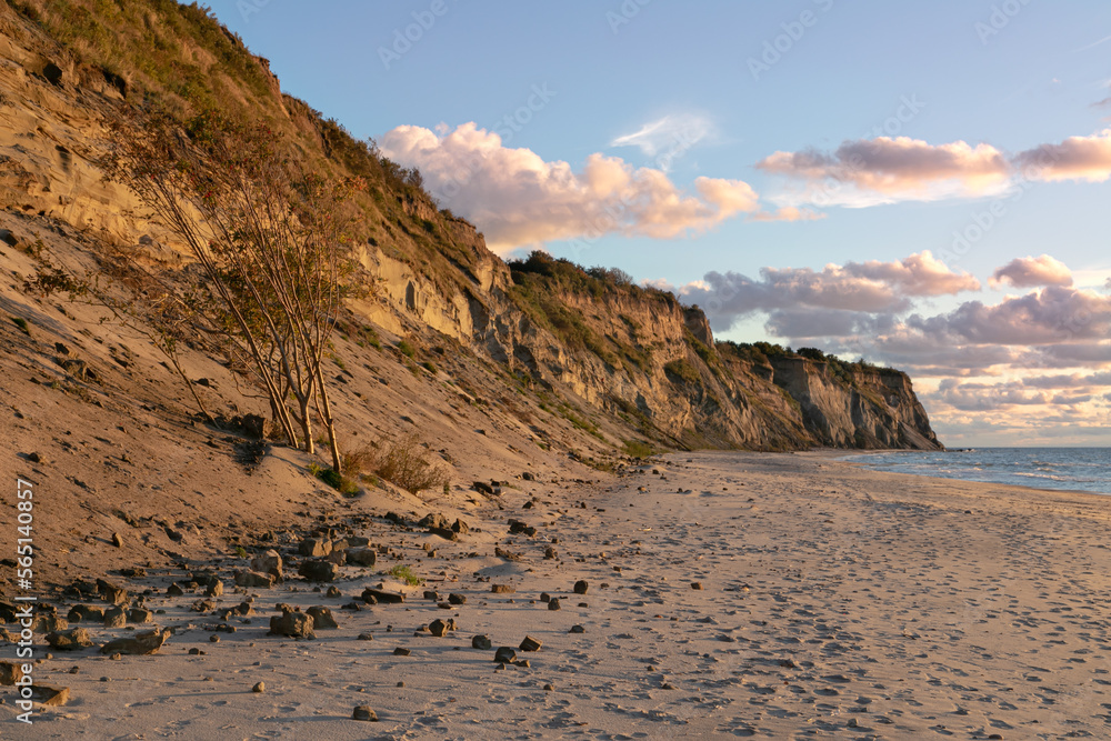 Landscape of the Baltic Sea coast in northern Europe. High steep cliff, sandy beach. Warm autumn day, yellow colors of golden autumn. Landscape of the Baltic Sea coast in northern Europe. High steep cliff, sandy beach. Warm autumn day, yellow colors of golden autumn.