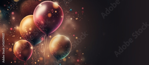 Background with bundle of colorful flying balloons. Warm light. Glittering Soaring into the Sky. Template design for new year, celebration. Copy space for text. Fresh beginning. Vivid colors.