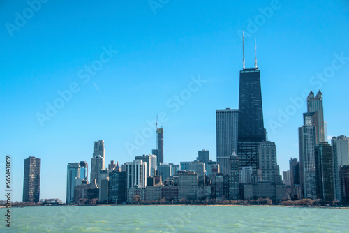 Chicago City Skyline with Blue Lake & Skies
