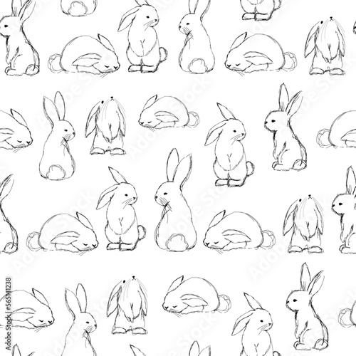 Year of the rabbit seamless pattern. Painted rabbits on a white background. Vector endless ornament. Cute bunnies for children s room and textiles. Baby animals. Forest dwellers