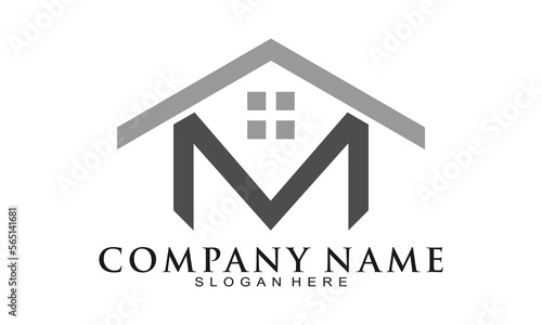 Letter m alphabet with house roof vector logo