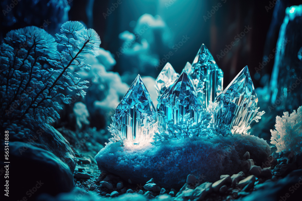 Amazing illuminating blue crystals forest, Generative Ai