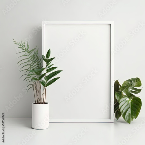 Minimalist Interior Vertical Frame Mockup with Plant in Vase on White Wall Background - Perfect for Displaying Artwork  Photos  and Posters