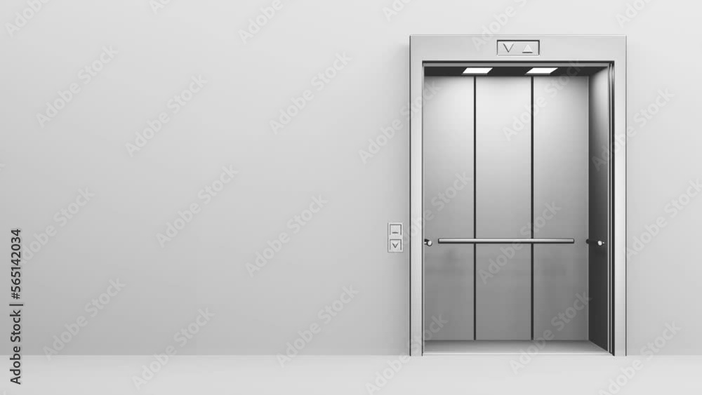 3D elevator door on right side opening to reveal lift inside. Seamless loop, 3D Rendered 4K animation. Business, Success, Optimism 3D elevator door on right side opening to reveal lift inside. Seamless loop, 3D Rendered 4K animation. Business, Success, Optimism