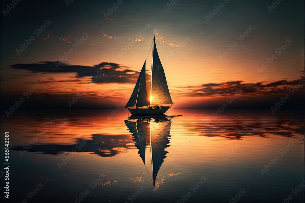 Fototapeta premium a sailboat is sailing in the water at sunset with the sun setting in the background and clouds in the sky above it, and a reflection of the water. generative ai