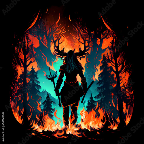 Wallpaper Mural silhouette of a sinister Viking woman with two axes in her hands stands in an epic pose in the middle of burning forest, her eyes clearly glow in the dark of the night forest like a demon, 2d blot art Torontodigital.ca