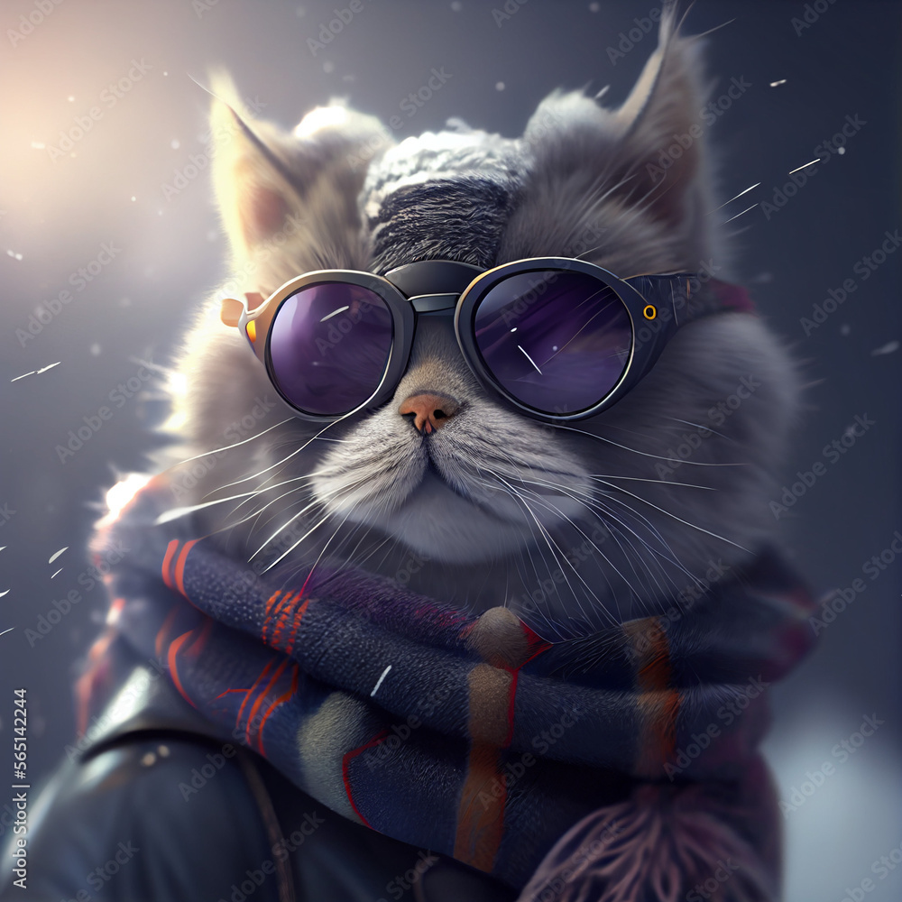Happy cute baby cat wearing coat, deep portrait, 3d illustration . Pic