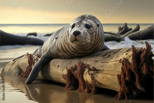  a seal sitting on a log on the beach with the ocean in the background and a cloudy sky above it, with a few waves coming in the water.  generative ai © Anna