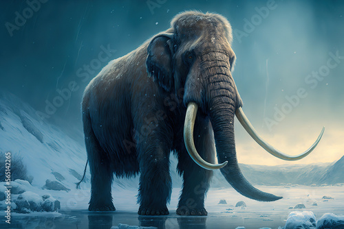 large wooly mammoth walking through an icy world, two tusks, art illustration 