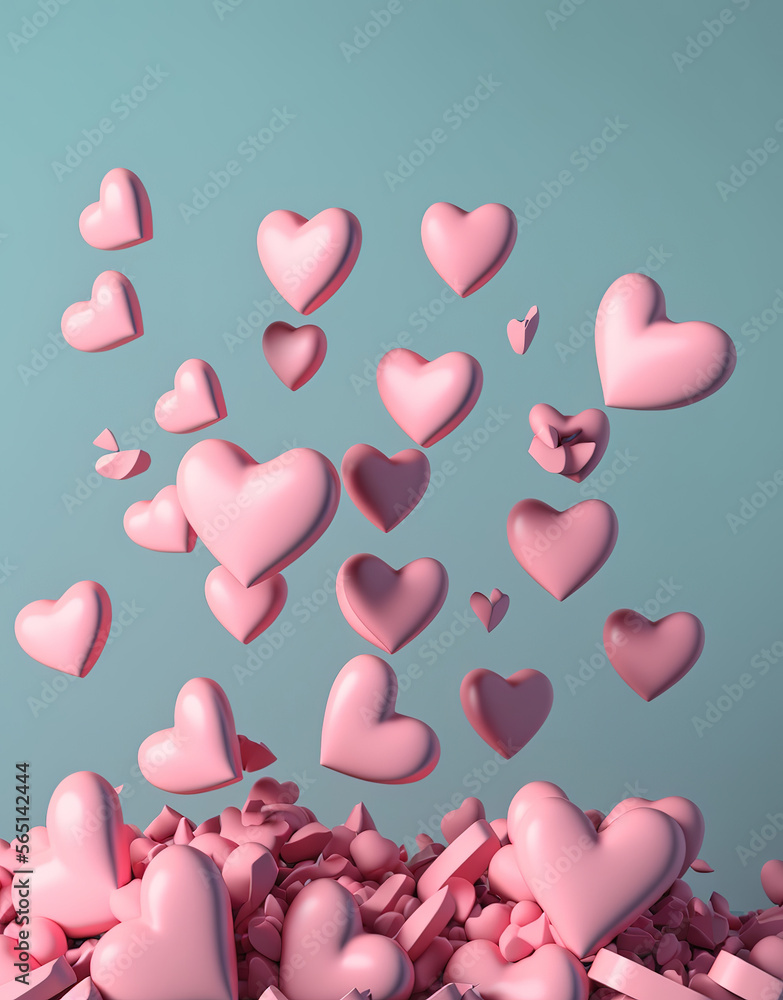 a pile of pink hearts floating in the air, art illustration 