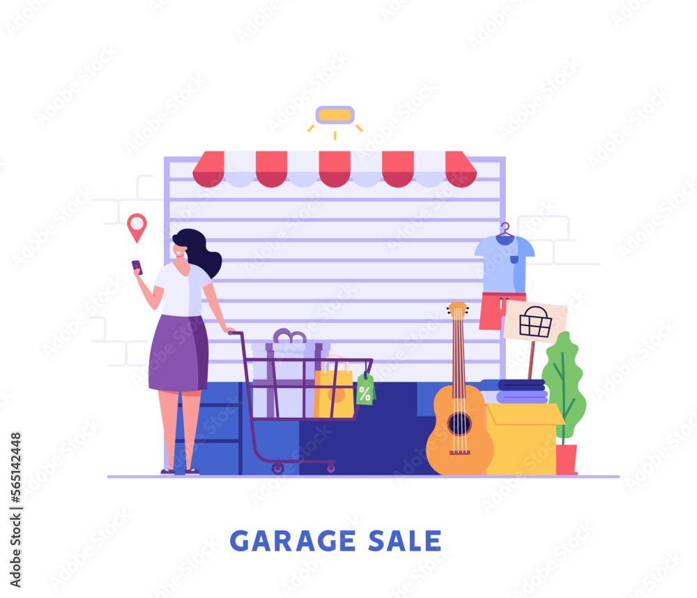 Neighbors buy and sell personal things at garage sale. People shopping home supplies. Concept of garage sale, flea market, bazaar. Vector illustration in flat cartoon design