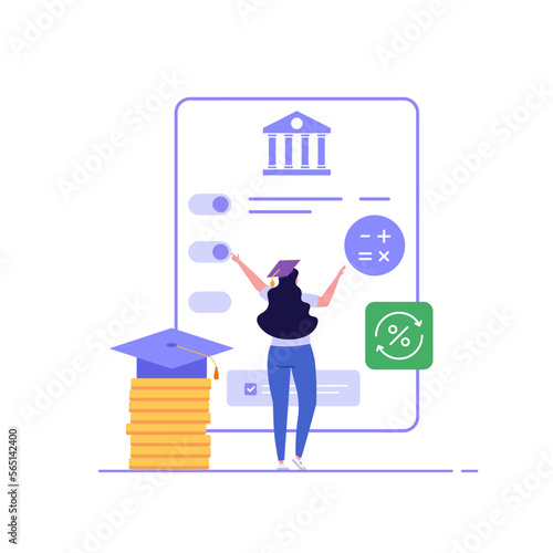 Students investing money in education. People pay tuition fee in university. Student taking education loan in bank. Concept of student loan, education credit, paid training. Vector illustration