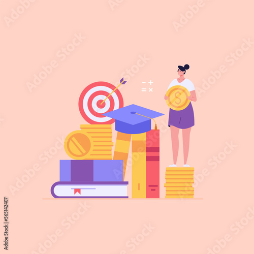 Students investing money in education. People pay tuition fee in university. Student taking education loan in bank. Concept of student loan, education credit, paid training. Vector illustration