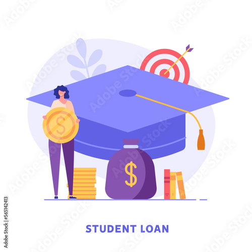 Students investing money in education. People pay tuition fee in university. Student taking education loan in bank. Concept of student loan, education credit, paid training. Vector illustration