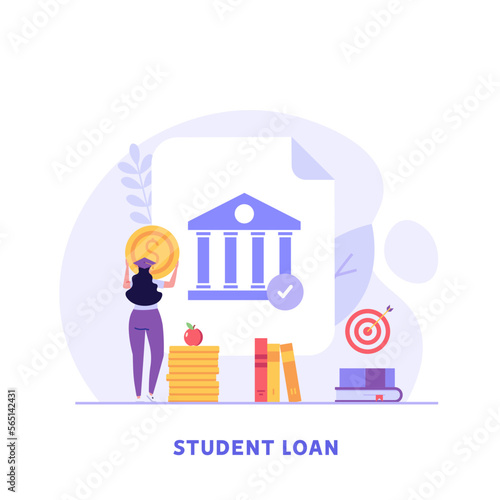 Students investing money in education. People pay tuition fee in university. Student taking education loan in bank. Concept of student loan, education credit, paid training. Vector illustration