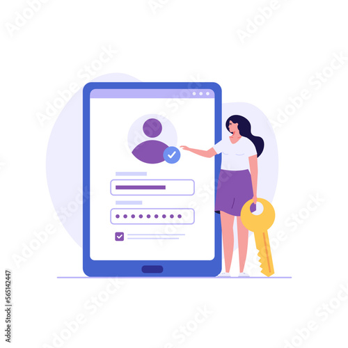 Concept of online registration, sign up, user interface. Registration sign up. Woman creates new account. Users use secure login password. Vector illustration in flat cartoon design UI mobile app