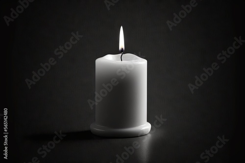  a white candle with a single candle light on a black background with a shadow of the candle on the floor and the light from the candle. generative ai