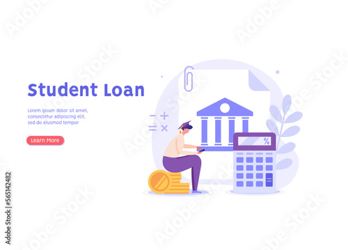 Students investing money in education. People pay tuition fee in university. Student taking education loan in bank. Concept of student loan, education credit, paid training. Vector illustration