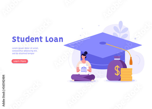 Students investing money in education. People pay tuition fee in university. Student taking education loan in bank. Concept of student loan, education credit, paid training. Vector illustration