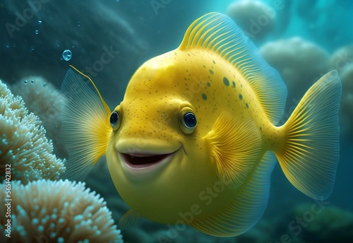 Cute cartoon yellow fish with big eyes on a sea background close-up.Stylized smiling yellow fish.AI generated.