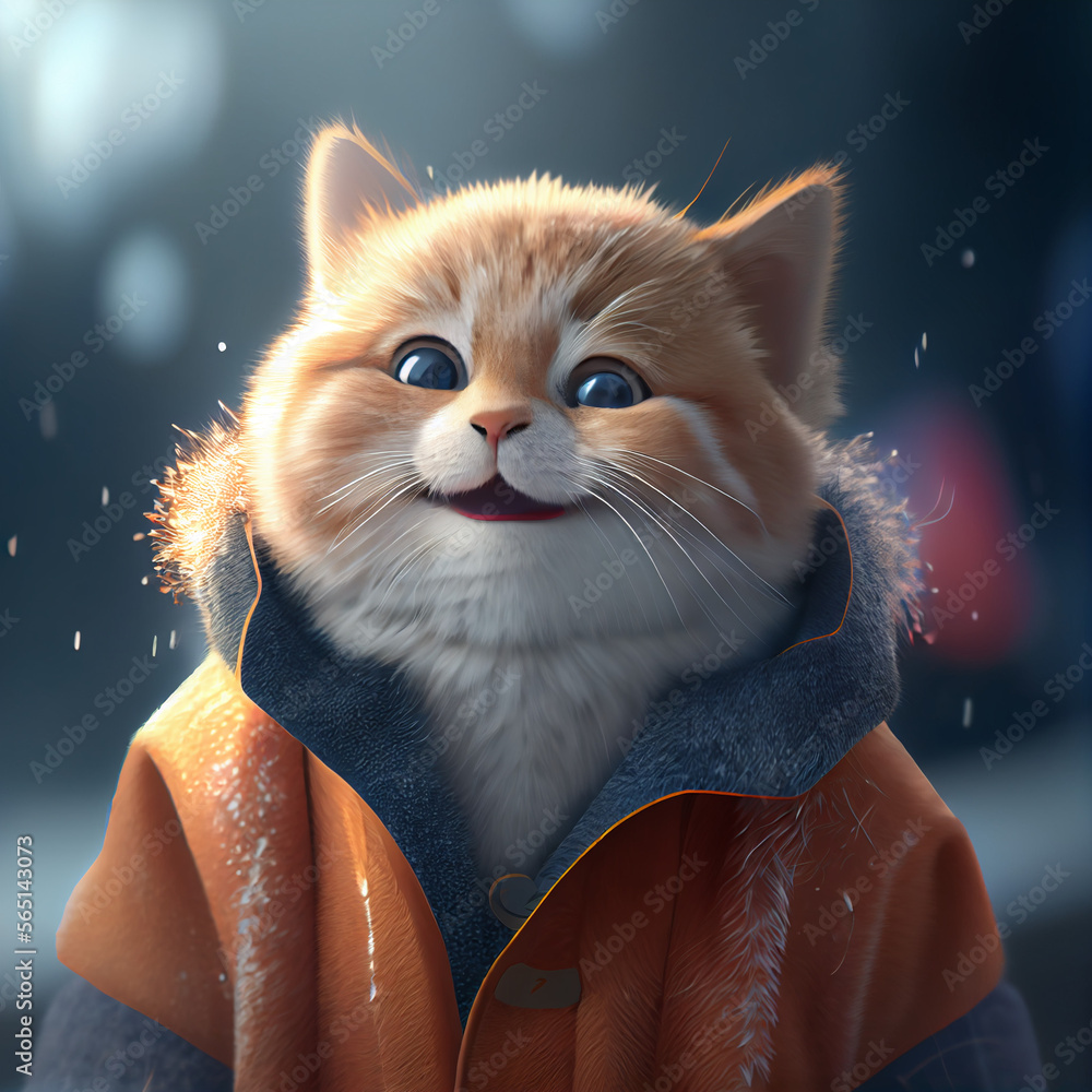 Happy cute baby cat wearing coat, deep portrait, 3d illustration