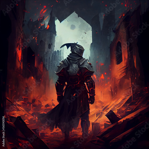 Evil knight in a horned helmet slowly walks with a curved sword through a burning ruined city with black Gothic buildings. Debris of ruins with flying ashes and sparks is everywhere 2d oil art