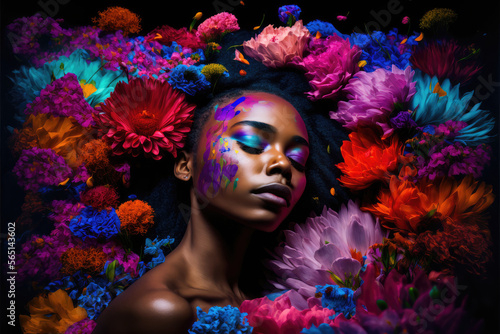 A beautiful black african american girl with colorful hair and makeup in multi colored flowers with copy space, generative AI