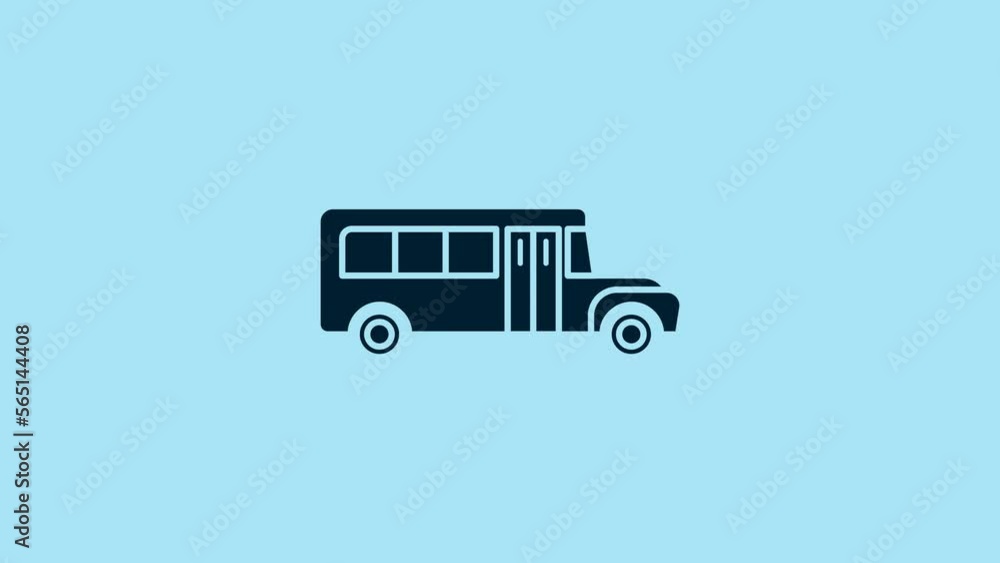 Blue School Bus icon isolated on blue background. Public transportation symbol. 4K Video motion graphic animation Blue School Bus icon isolated on blue background. Public transportation symbol. 4K Video motion graphic animation