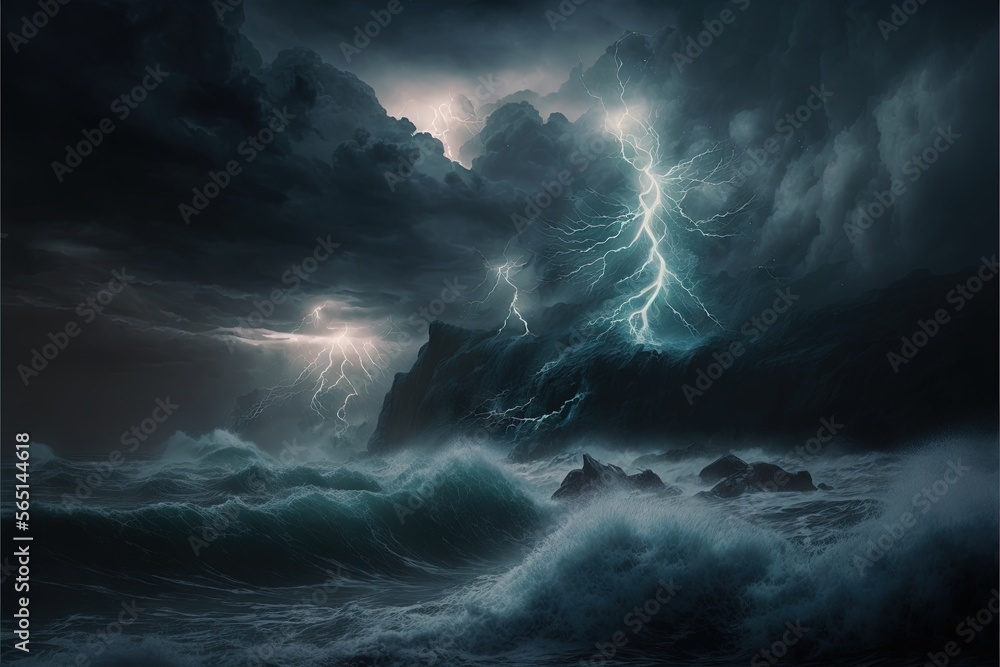  a storm is coming over a rocky coast with a lightning bolt in the sky above it and a boat in the water below it,.  generative ai
