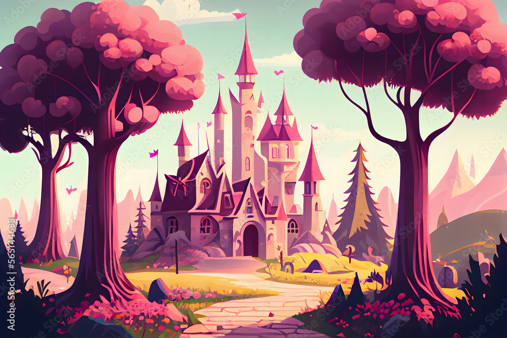 Fairy tale background with a princess castle in the forest. Castle with ...