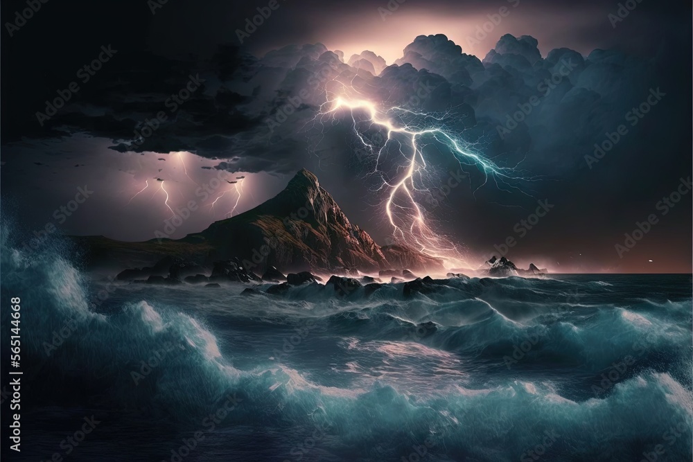  a painting of a mountain with a lightning storm coming over it and a boat in the water below it, with a dark sky with clouds and a mountain in the background.  generative ai