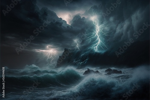  a storm is coming over a rocky coast with a lightning bolt in the sky above it and a boat in the water below it .  generative ai