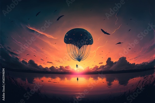  a painting of a person flying a kite in the sky at sunset with a body of water below it and birds flying in the sky. generative ai