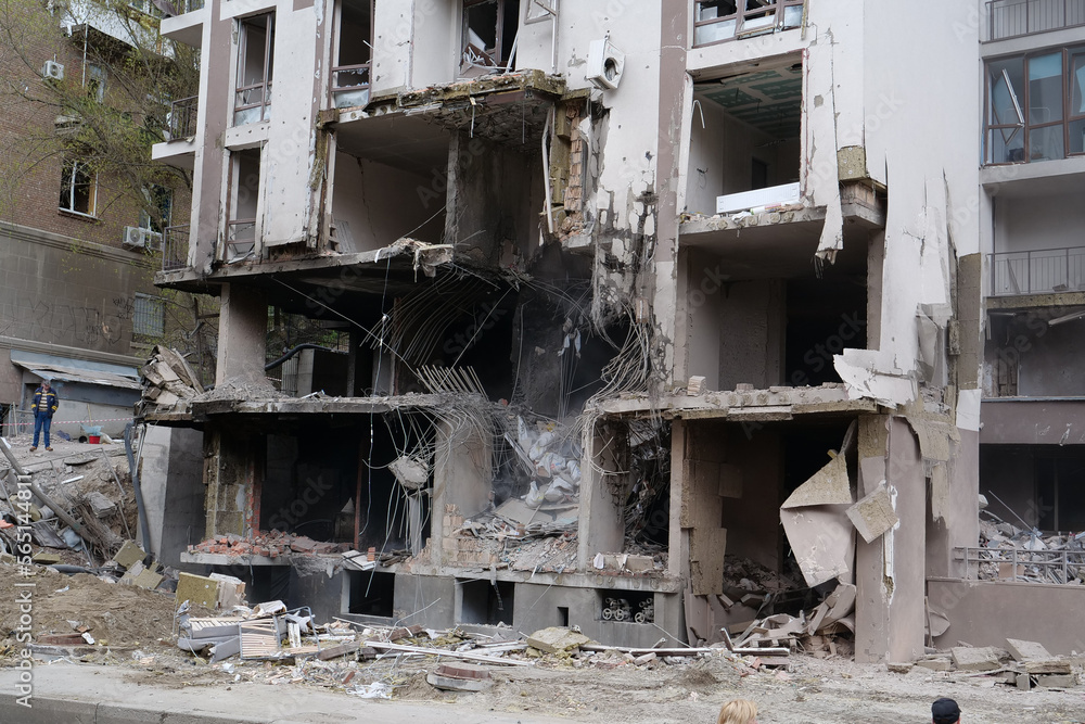 After bombing, dwelling house destroyed by russian missile in Kyiv city, Ukraine After bombing, dwelling house destroyed by russian missile in Kyiv city, Ukraine