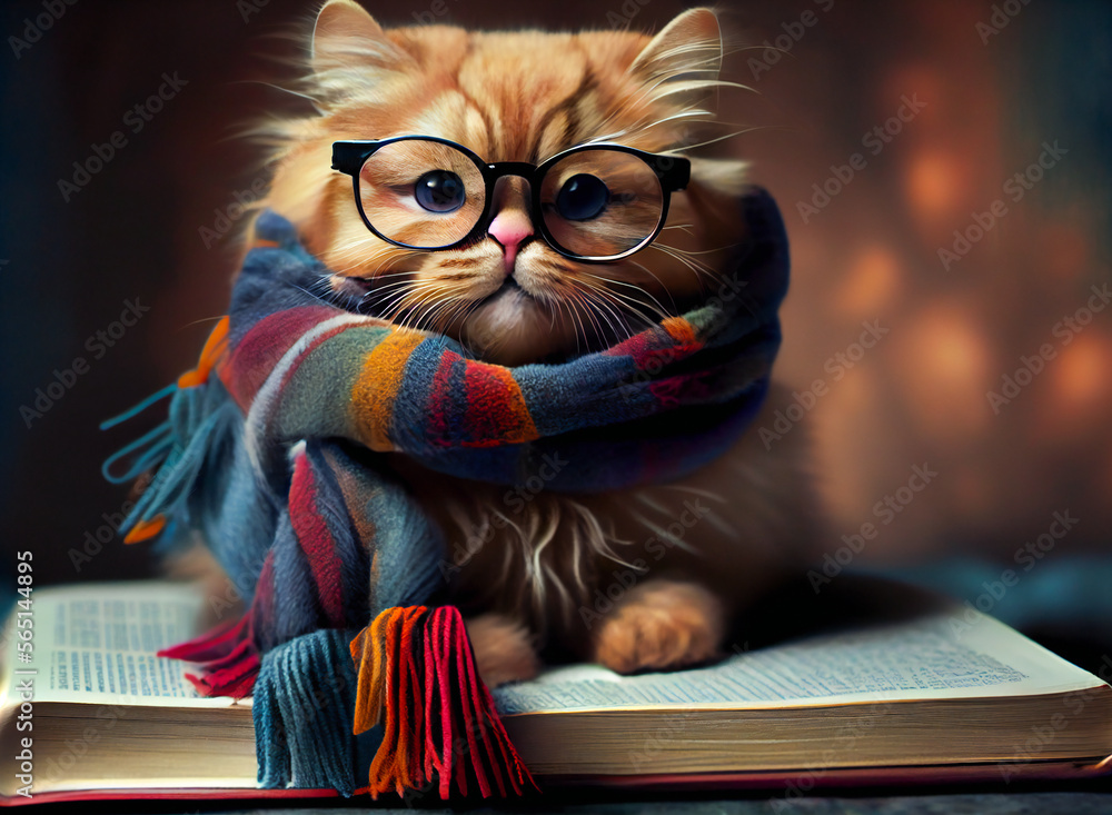 Cute cat in scarf and sunglasses with books. Education concept. AI generative. Knowledge and smart mind illustration Cute cat in scarf and sunglasses with books. Education concept. AI generative. Knowledge and smart mind illustration