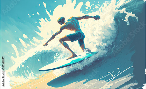  a man riding a wave on top of a surfboard in the ocean on a sunny day with a blue sky and white clouds behind him. generative ai