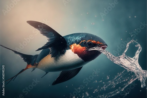 a bird with a beak is in the water and is about to take a drink from a faucet of water that is coming out of its mouth Fototapet