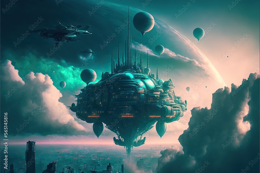 Sci-Fi Floating City in the Sky, Architecture Blend of Art Deco and  Cyberpunk. Generative AI. Illustration Stock | Adobe Stock