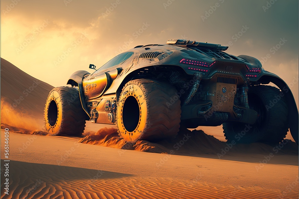 Epic Terrain Vehicle Car Concept Model Driving in the Desert. Generative AI.