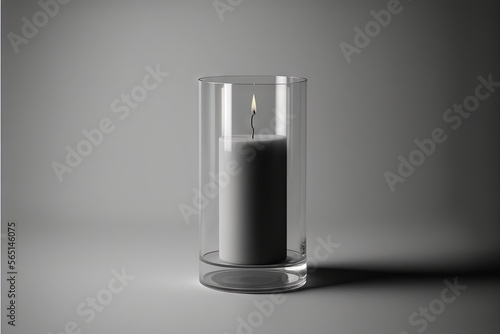  a candle is in a glass vase with a shadow on the floor behind it and a gray background behind it, with a shadow on the floor. generative ai