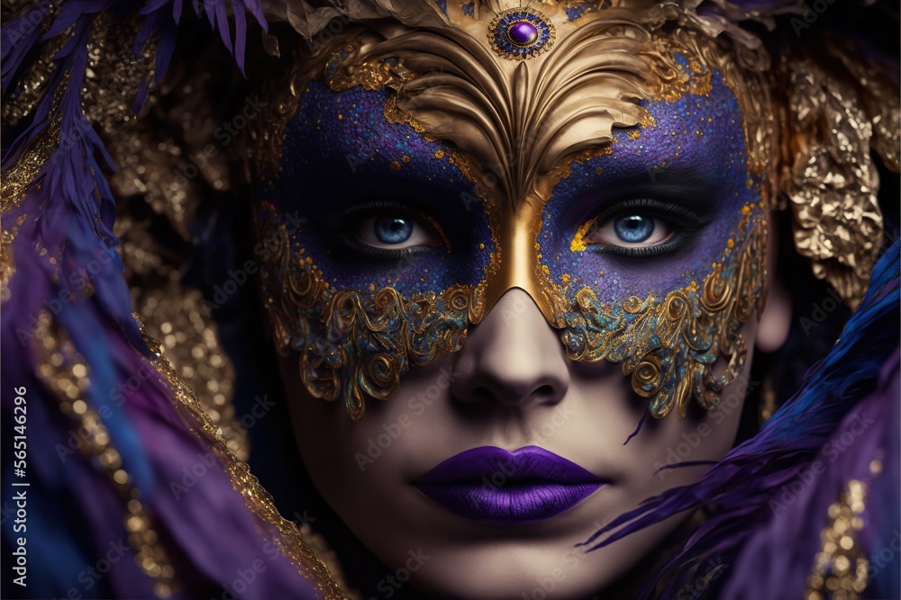 Mardi Gras Concept: Person Wearing Exquisite Carnival Mask and Colorful Feathers Mardi Gras Concept: Person Wearing Exquisite Carnival Mask and Colorful Feathers