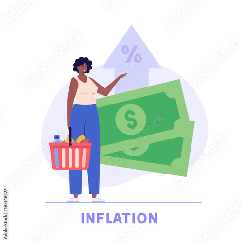 Consumer with shopping cart and grocery prices rising. Increase inflation. Concept of inflation, rising food cost, financial crisis. Vector illustration in flat cartoon design.