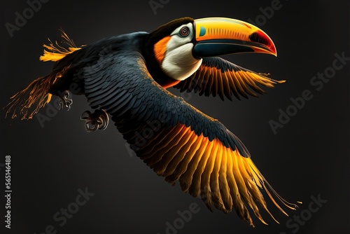  a colorful bird flying through the air with its wings spread out and wings spread out, with a black background behind it, and a black background.  generative ai © Anna
