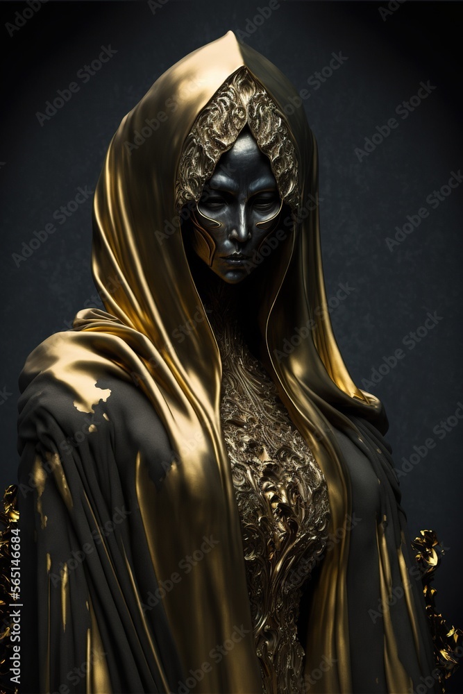 Obraz premium Dark Fantasy Female Character in Long Velvet Gown and Mask. Gold and Black. Generative AI.