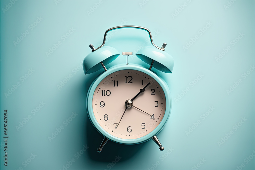 Trendy Classic Alarm Clock Snoozing on Blue Pastel Background - Flat Lay Top View Mockup for Time Management and Sleep Aid Trendy Classic Alarm Clock Snoozing on Blue Pastel Background - Flat Lay Top View Mockup for Time Management and Sleep Aid
