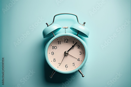 Trendy Classic Alarm Clock Snoozing on Blue Pastel Background - Flat Lay Top View Mockup for Time Management and Sleep Aid